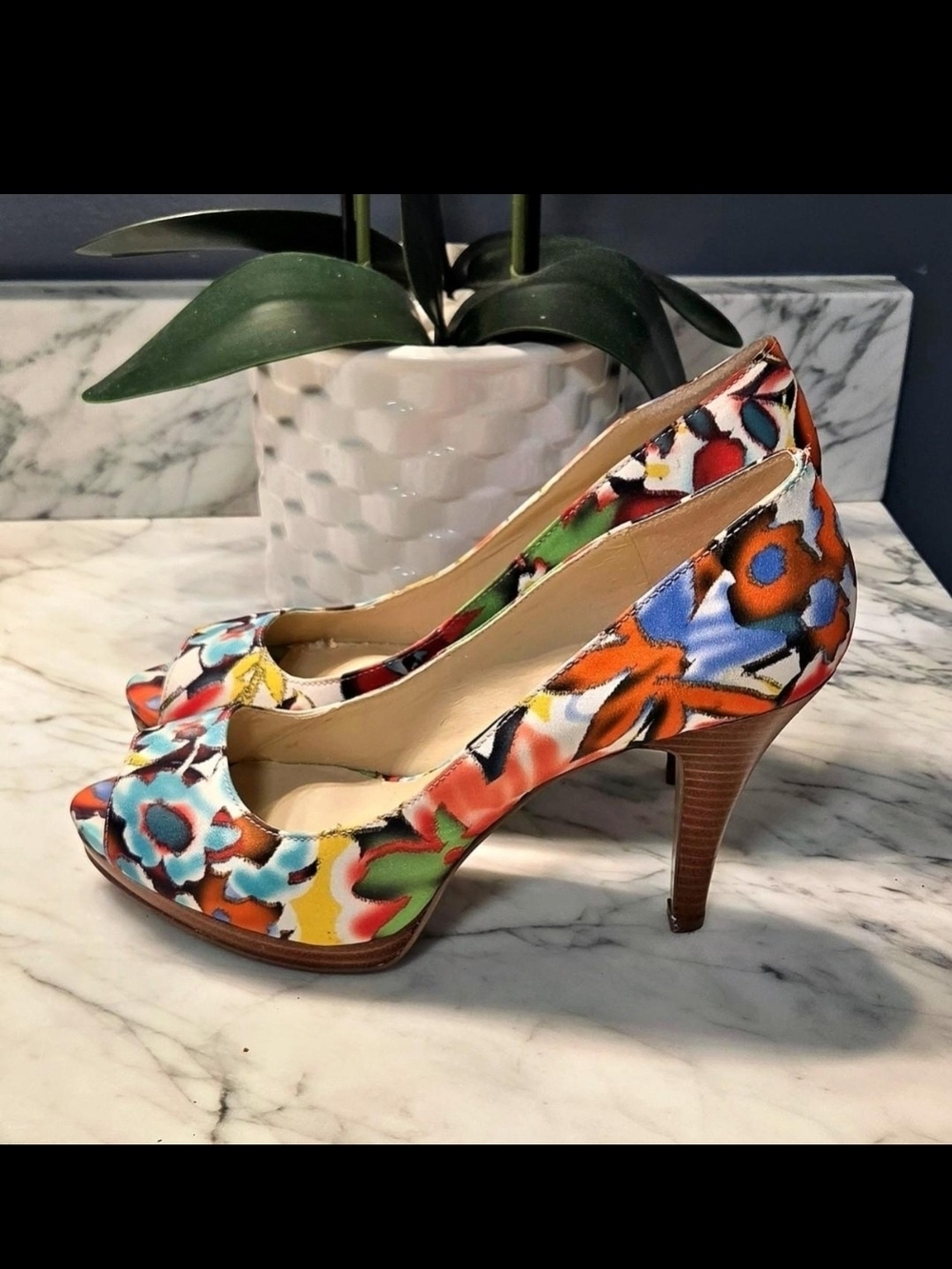 Nine West Multicolor Floral Peep-Toe Heels
